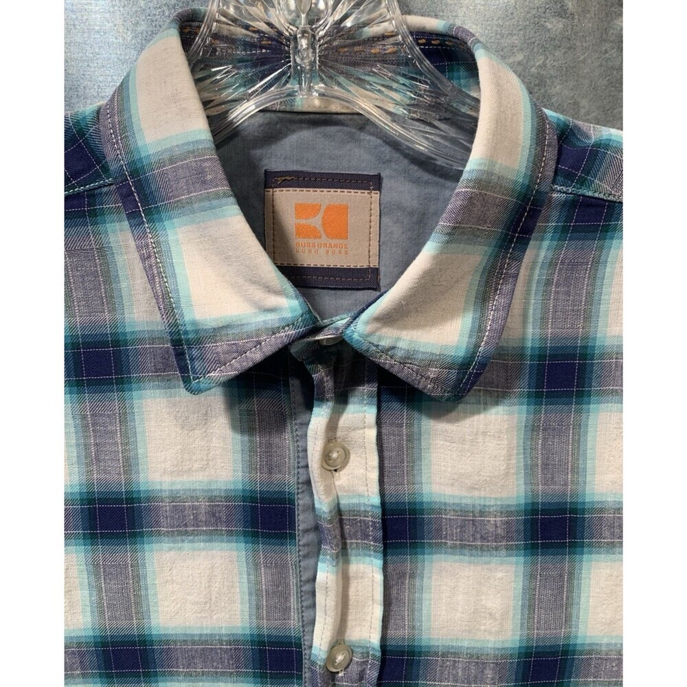 Boss Orange Hugo Boss Turn Back Cuffs S Blue/White Plaid Cotton Linen Blend - Picture 1 of 16